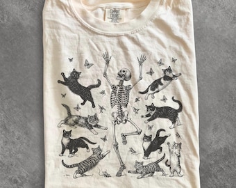 90's Skeleton Cat Shirt, Dancing Skeleton Tee, Funny Cat T Shirt, Gothic Cat Shirt, Vintage Skeleton Cat Tee, Cat Lover Gift Comfort Colors