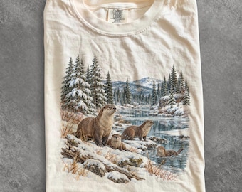 Maglietta invernale con lontra anni '90, maglione con lontra di fiume, maglietta con famiglia di lontre delle nevi, maglietta invernale a tema natura, regalo per amanti delle lontre, felpa unisex a tema natura selvaggia