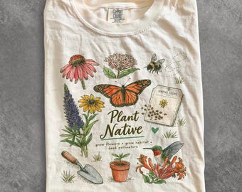 Maglietta con piante autoctone, maglietta per giardinieri amanti degli impollinatori, maglietta per amanti delle piante di fiori selvatici, maglietta con farfalle monarca, regalo per giardinieri amanti della natura, colori comodi