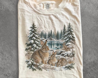 Maglietta con coniglio anni '90, felpa vintage con coniglietto, maglietta invernale con coniglio, maglione con coniglietto innevato, regalo per amanti dei conigli, maglietta accogliente con animali selvatici della foresta, maglietta a tema natura