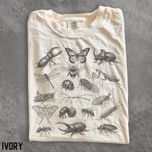 May include: An ivory-coloured t-shirt featuring a detailed black ink illustration of various insects, including a butterfly, beetles, a dragonfly, a mantis, a grasshopper, a bee, and a centipede. The shirt has a crew neckline and a Comfort Colors label.
