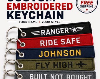 Custom Embroidered Keychain, Personalized Name or Logo, Double-Sided Jet Tag