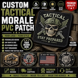 May include: A square tactical morale PVC patch featuring a skull wearing a green helmet with wings and crossed rifles, with the text TACTICAL and STAY PREPARED. The patch has a black border and a Velcro backing, displayed alongside other circular and rectangular patches.