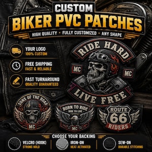 May include: Custom PVC patches for bikers featuring skull designs with helmets, flames, and wings. Text includes "CUSTOM BIKER PVC PATCHES", "RIDE HARD LIVE FREE", "SONS OF THE ROAD", "BORN TO RIDE", and "ROUTE 66 RIDERS". Options for velcro, iron-on, or sew-on backing.