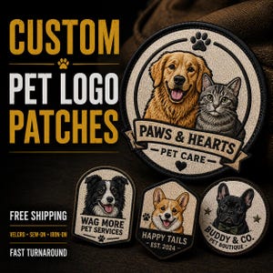 以下が含まれることがあります： 犬や猫の刺繍デザインが施されたカスタムペットロゴワッペン。円形のワッペンにはゴールデンレトリバーとトラ猫が描かれ、PAWS & HEARTS PET CAREの文字が入っています。他のワッペンにはボーダーコリー、コーギー、フレンチブルドッグがデザインされています。