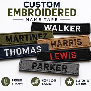 May include: A collection of rectangular custom embroidered name tapes in various colors including black, olive green, tan, navy blue, and grey. Each tape features capitalized text reading WALKER, MARTINEZ, HARRIS, THOMAS, LEWIS, or PARKER.