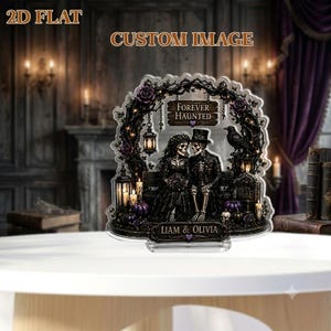 Bloque de madera personalizado con pareja de esqueletos, regalo de boda gótico, decoración de aniversario de Halloween, novios espeluznantes, recuerdo "Hasta que la muerte nos separe"