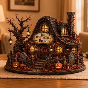 May include: A miniature Halloween-themed house titled The Whitmore House, featuring a dark shingled roof, glowing windows, a stone chimney, and a gnarled tree with hanging lanterns. The base includes a fence, two RIP tombstones, and carved pumpkins.