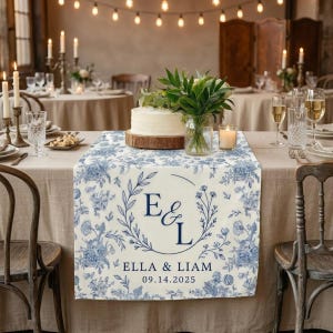 Custom Floral Monogram Wedding Table Runner, Personalized Names Date Decoration