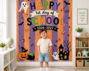 新学期初日バナー ハロウェン、パーソナライズされた新学期写真撮影用背景幕、ストライプ柄の教室装飾、幼稚園・保育園