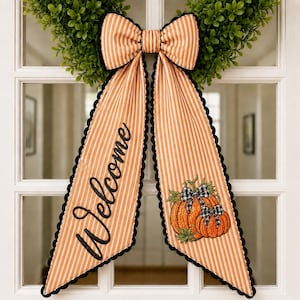 Embroidered Monogram Welcom Fall Sash, Sage Green Ticking Stripe Wreath Bow with Pumpkins, Autumn Harvest Front Door Decor
