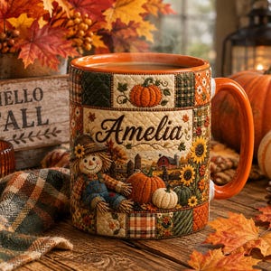 Tazza patchwork personalizzata con zucca, design autunnale con zucca, tazza da caffè autunnale trapuntata con nome personalizzato, regalo del Ringraziamento, accogliente autunno