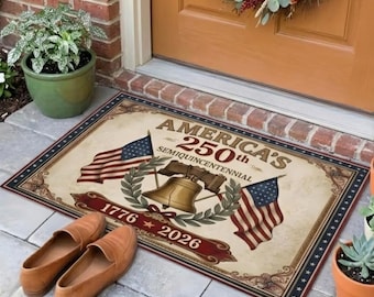 Tapete de boas-vindas com a bandeira vintage dos EUA, comemorativo do 250º aniversário da América, ideal para a entrada da sua casa.