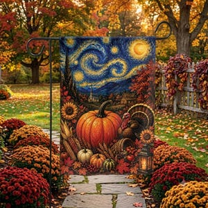 Fall Garden Flag Pumpkin Maple Leaf Yard Flags Van Gogh Garden Flags Art Starry Night Sky Moon Garden Flags Autumn Harvest