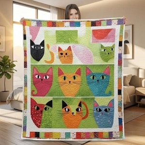 Cute Cat Pattern Quilt For Animal Lovers, Colorful Patchwork Kitty Blanket Gift For Couch Bedroom And Home Decoration