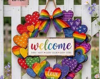 Pride regenboog hart deur teken welkomstkrans elk hart elke kleur elk verhaal voordeur decor Pride maand cadeau kleurrijke houten muurkunst