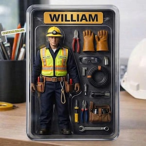Op de afbeelding: Een actiefiguur van een lijnwerker genaamd William, verpakt in een doorzichtige plastic displaydoos. Het figuur draagt een gele helm, een reflecterend veiligheidsvest en donkere werkkleding. Inclusief accessoires zoals handschoenen en gereedschap.