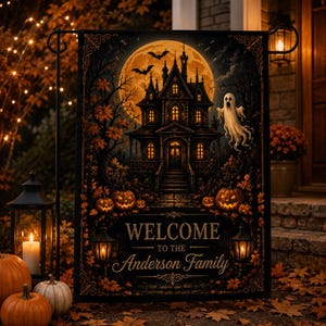 Personalized Halloween Haunted House Garden Flag, Custom Family Name Welcome Flag, Spooky Pumpkin Ghost Outdoor Fall Yard Decor