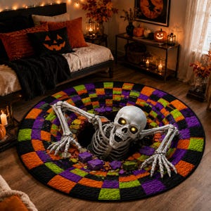 May include: A round area rug featuring a 3D optical illusion of a skeleton emerging from a dark hole. The rug has a checkered pattern in vibrant orange, purple, and lime green. The skeleton has glowing yellow eyes and is reaching out with both hands.