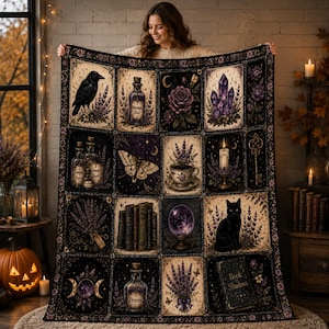 May include: A rectangular throw blanket featuring a grid of sixteen illustrations including a black raven, purple crystals, a moth, a black cat, a crystal ball, a teacup, potion bottles labeled Moonlight Elixir and Dreams, and a Book of Shadows.
