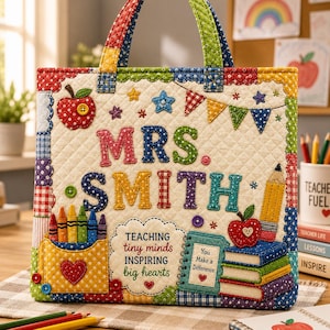 Personalized Teacher Quilted Tote Bag, Custom Name Patchwork Print Tote, Back To School Teacher Gift, Cute Classroom Bag