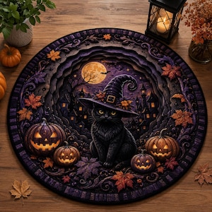 Halloween Black Witch Cat Circle Rug, 3D Vortex Illusion Round Rug, Fall Autumn Leaves Spooky Decor, Witchy Floor Carpet Gift for Halloween