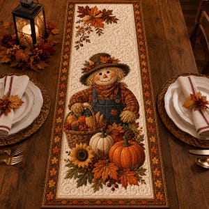 May include: A rectangular quilted table runner featuring a central scarecrow illustration wearing a hat and plaid shirt, surrounded by pumpkins, sunflowers, and autumn leaves. The border has a repeating leaf pattern on a cream-colored background.