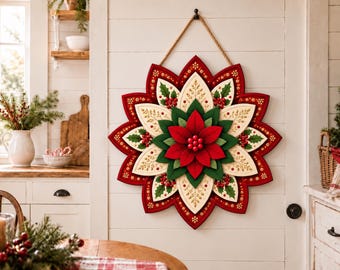 Poinsettia Door Hanger 2026 Christmas Wreath Wall Decor Rustic Holiday Farmhouse Decoration Festive Xmas Winter Home Gift