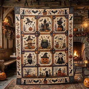 Halloween patchwork deken, spook, kat, pompoen, heks, cadeau