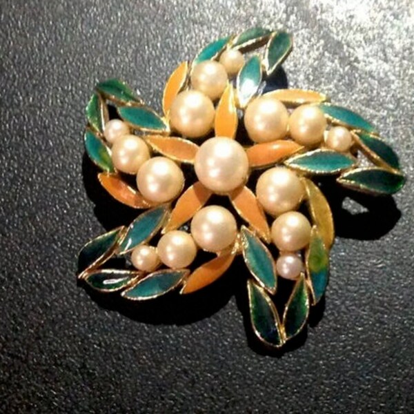 Vintage Richelieu Pearl and Enamel Flower Brooch