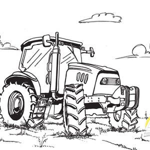 May include: Black and white line drawing of a tractor in a field with clouds in the sky. The tractor has large tires, a cab, and a smokestack. The image includes the text "SolTo Books".