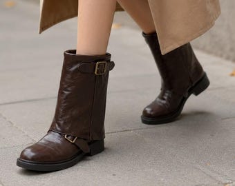 Chocolate Brown Mid Calf Boots for Women, Buckle Strap Biker Boots, Round Toe Low Heel Faux Leather Slouch Boots, Retro Fall Winter Footwear