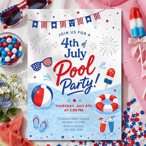 4th of July Pool Party Invitation Template | Editable Red White Blue Summer BBQ Invite | Canva Instant Download
