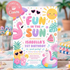 Fun in the Sun Birthday Invitation | Digital Summer Pool Party Invite | Beach Theme Kids Party Invite | Editable Canva Template