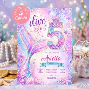 May include: A rectangular birthday invitation card featuring a mermaid tail, a large number 5 with scale patterns, and text reading Dive into 5, Our Little Mermaid Ariella is Turning Five, with event details including date, time, and location.