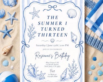The Summer I Turned Thirteen Birthday Invitation | Teen 13th Birthday Invite Template | Coastal Beach Party Invite Printable Editable Canva