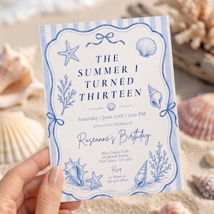 Beach birthday theme invite card instant download summer party decor for teenage girl