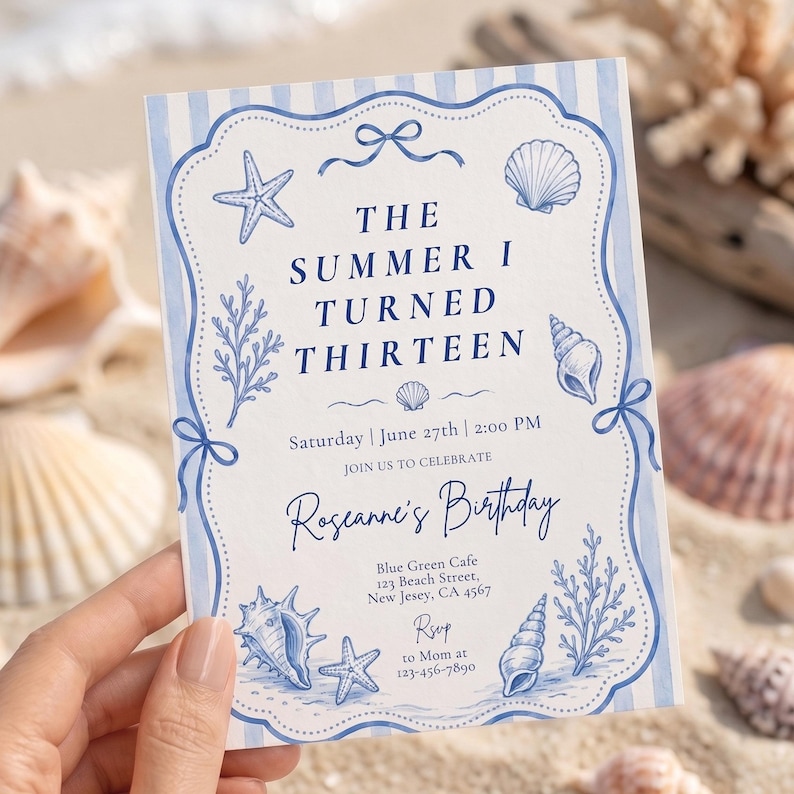 Beach birthday theme invite card instant download summer party decor for teenage girl