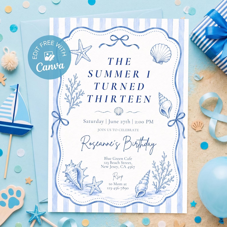 The Summer I Turned Thirteen printable invite digital download for 13th birthday party