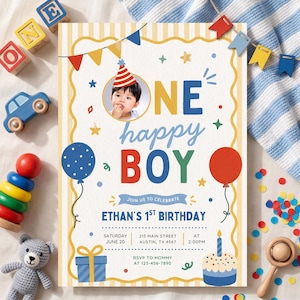 One Happy Boy 1st Birthday Invitation | First Birthday | Editable Canva Template | Fun to Be One First Birthday Boy Invite Digital Download