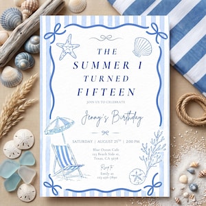 The Summer I Turned Fifteen Invitation | 15th Birthday Invite | Editable Canva Template | Coastal Beach Party Invite Digital Download