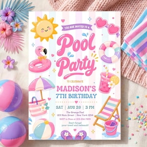Girls Pool Party Birthday Invitation | Editable Pool Birthday Invite | Summer Swim Party Printable | Editable Canva Template