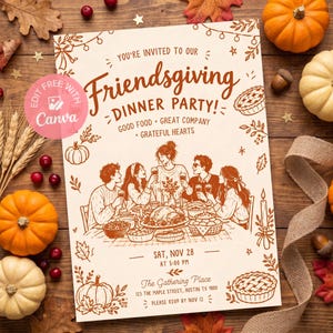 Friendsgiving Dinner Party Invitation Template | Fall Thanksgiving Potluck Invite | Printable Autumn Dinner Party Invite | Digital Download