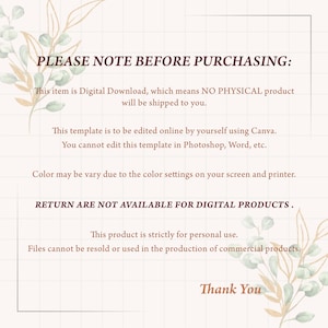 May include: A digital download information card featuring a grid background and watercolor eucalyptus illustrations. The text reads: PLEASE NOTE BEFORE PURCHASING: This item is Digital Download, which means NO PHYSICAL product will be shipped to you.