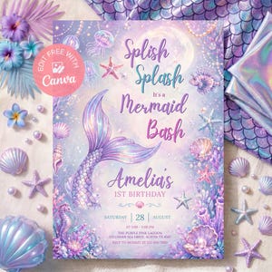 May include: A rectangular invitation card featuring a mermaid tail illustration, sea creatures, and shells in shades of purple, blue, and pink. The text reads: Splish Splash It's a Mermaid Bash, Amelia's 1ST BIRTHDAY, SATURDAY 28 AUGUST, AT 3:00 - 5:00 PM, THE PURPLE PINK LAGOON, 123 UNDER SEA DRIVE, AUSTIN TX 4567, RSVP TO MOMMY AT 123-456-7890.