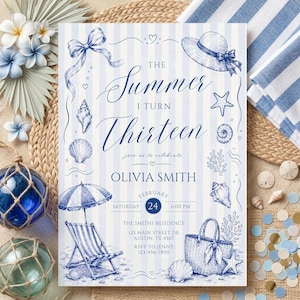 The Summer I Turn Thirteen Birthday Invitation | Blue Coastal Teen 13th Beach Party | Editable Canva Template Digital Download