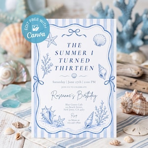 Teen birthday party invitation Canva template summer vibes editable for 13 year old