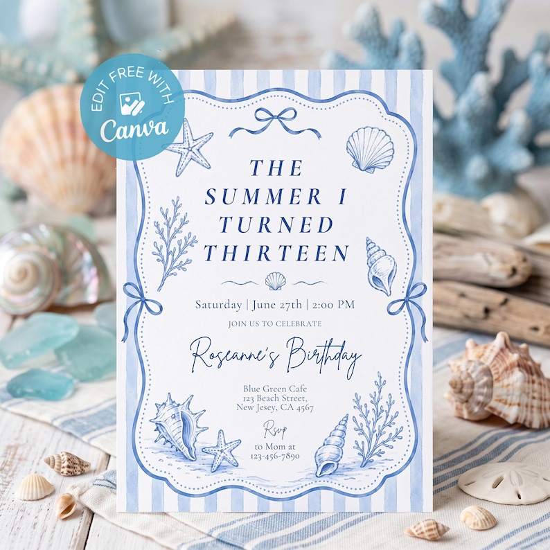 Teen birthday party invitation Canva template summer vibes editable for 13 year old