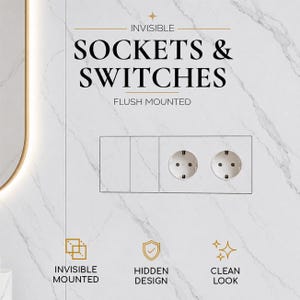 May include: Flush mounted, invisible electrical sockets and switches integrated into a white marble-patterned wall. The text reads INVISIBLE SOCKETS & SWITCHES FLUSH MOUNTED, with icons labeled INVISIBLE MOUNTED, HIDDEN DESIGN, and CLEAN LOOK.