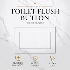 Könnte beinhalten: Ein rechteckiger weißer Toilettenspülknopf mit bündigem Design. Der Text lautet INVISIBLE TOILET FLUSH BUTTON, FLUSH MOUNTED, INVISIBLE MOUNTED, HIDDEN DESIGN und CLEAN LOOK. Die Grafik zeigt ein Layout mit zwei Tasten auf einem Marmorhintergrund.